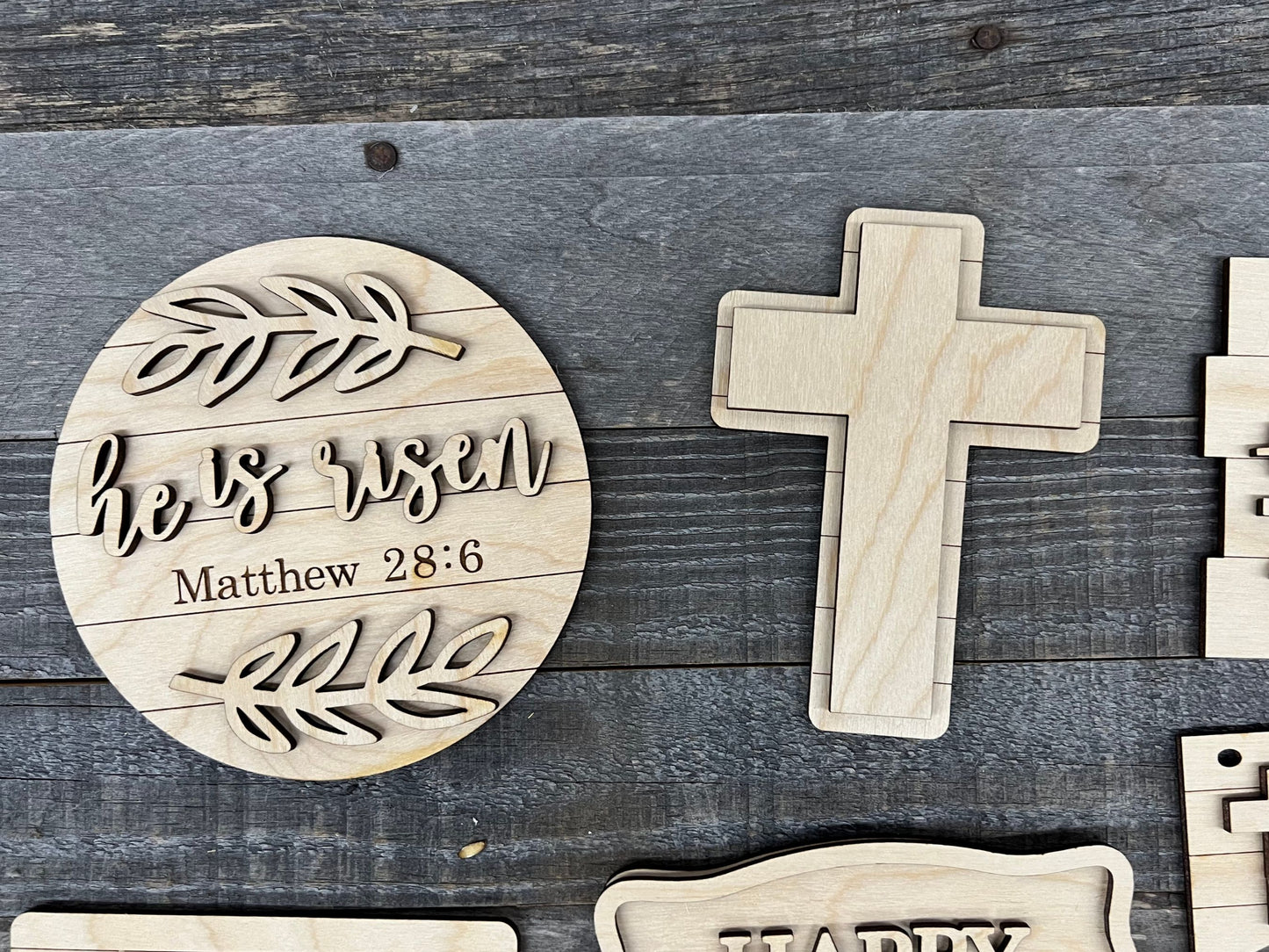 DIY He is Risen Easter Tiered Tray Decor | Faith Based Wood Cutout Crafting Supplies