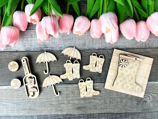 April Showers Gumball Filler Set | Rainboots & Umbrellas Bowl Filler, Scoop and Mini-Sign Decorative Tray Set