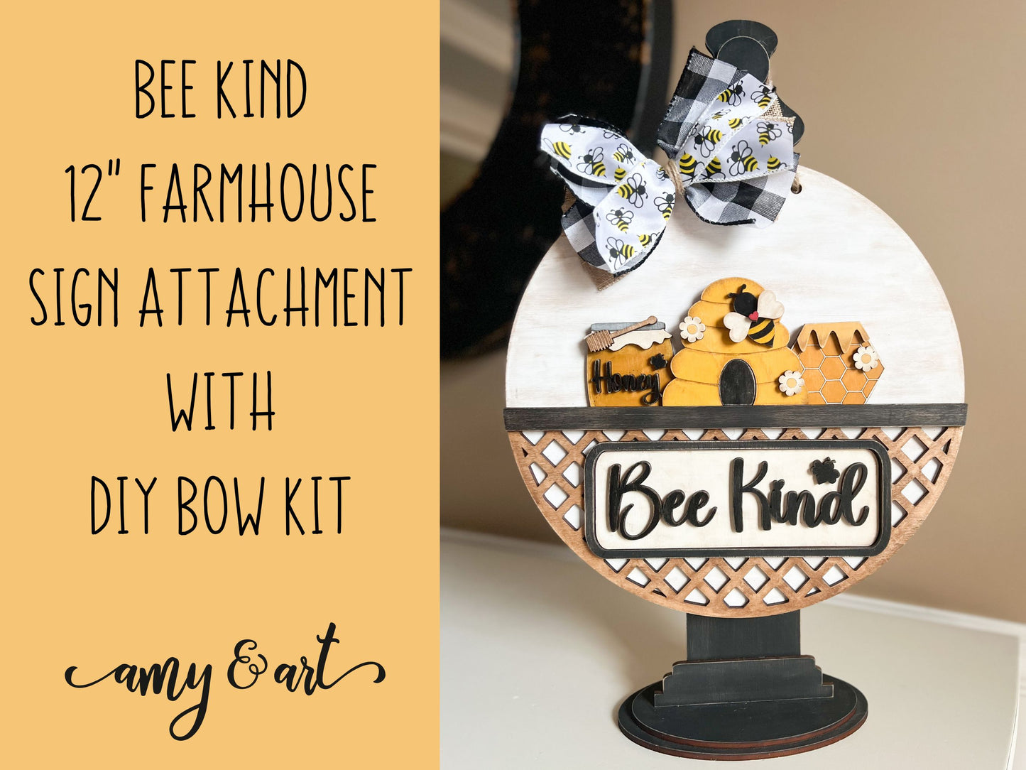 Bee Kind DIY Attachment Pieces for Interchangeable Farmhouse Style 12" Round Sign