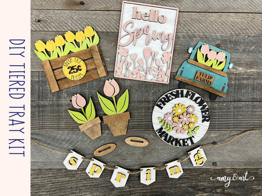 Spring Tulips Vintage Truck Tiered Tray Set | DIY Tiered Tray Set | Wood Cutouts for Crafting Home Decor